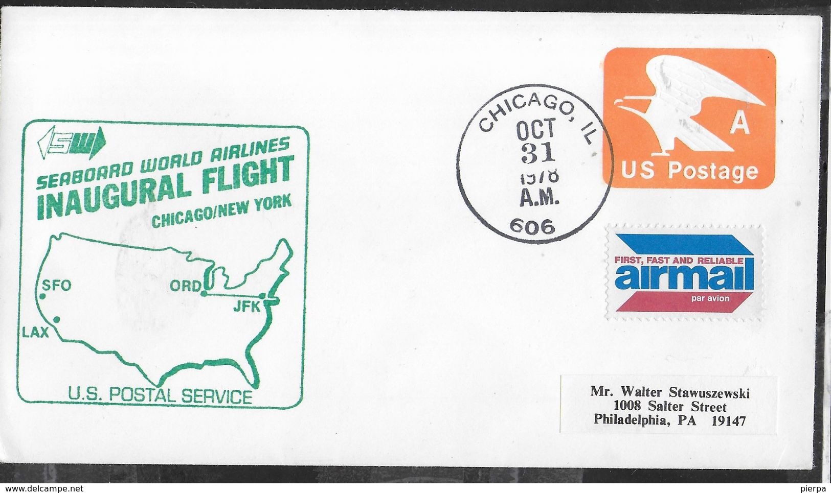 U.S.A. - SERBOARD WORLD AIRLINES INAUGURAL FLIGHT - CHICAGO- NEW YORK - OCT 31.1978 - SU BUSTA POSTALE (SC.580) - Andere & Zonder Classificatie