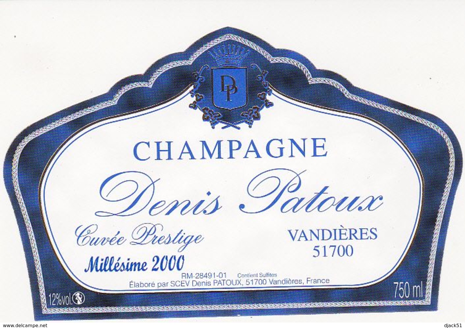 Etiquette Champagne DENIS PATOUX à VANDIERES - 750 Ml - Cuvée Prestige - Millésime 2000 - Année 2000