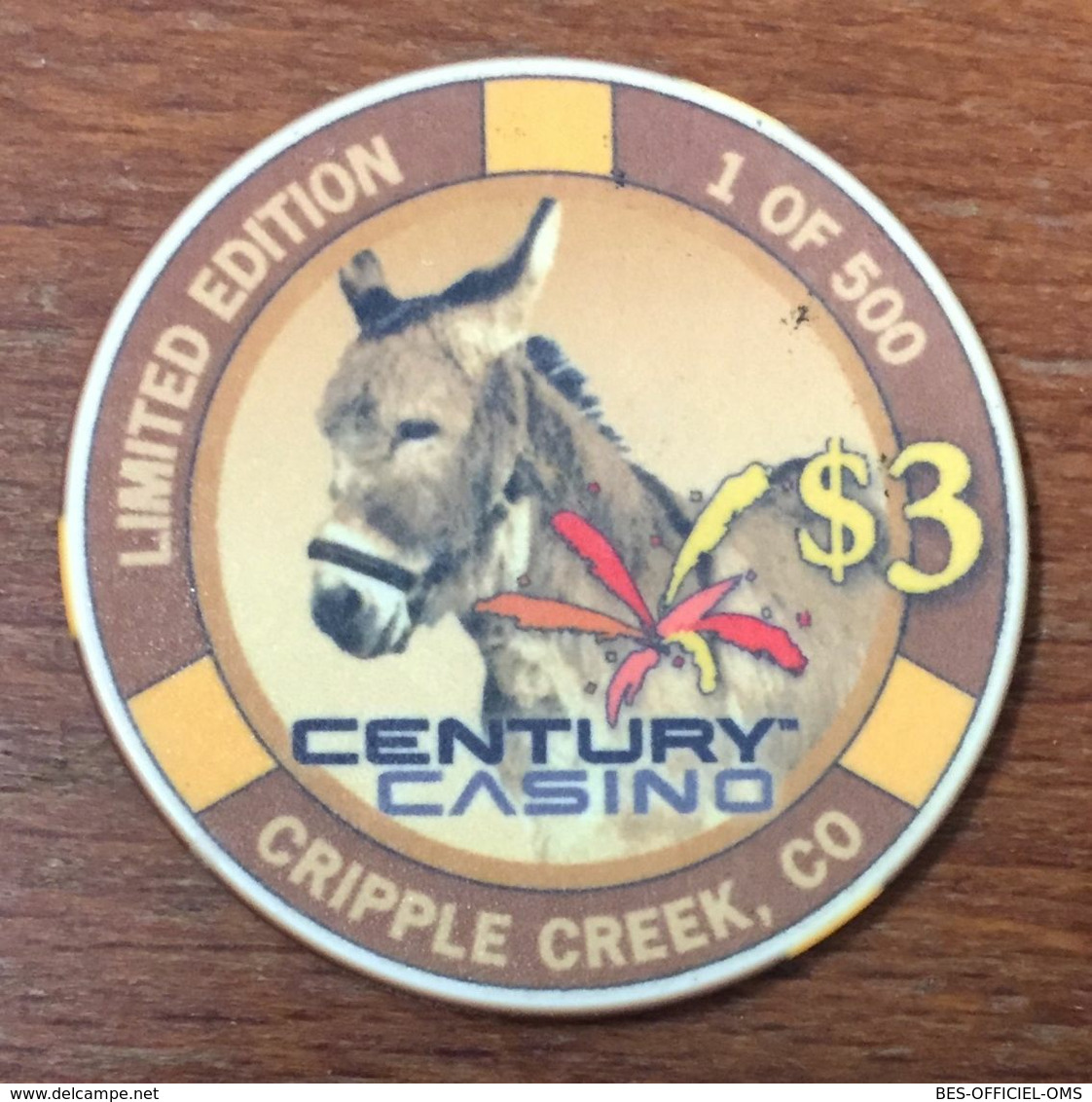 USA COLORADO CRIPPLE CREEK CENTURY CASINO CHIP $3 JETON TOKEN COIN ÉDITION LIMITÉ 500 EX EN 2011 - Casino