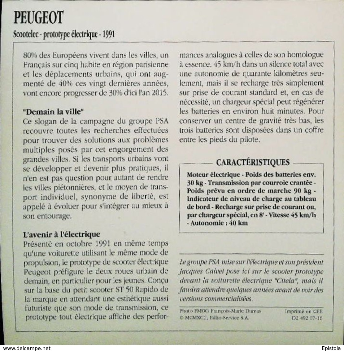 "PEUGEOT SCOOTELEC Scooter Electrique & Jacques CALVET" Moto Française - Collection Fiche Technique Edito-Service S.A. - Collections