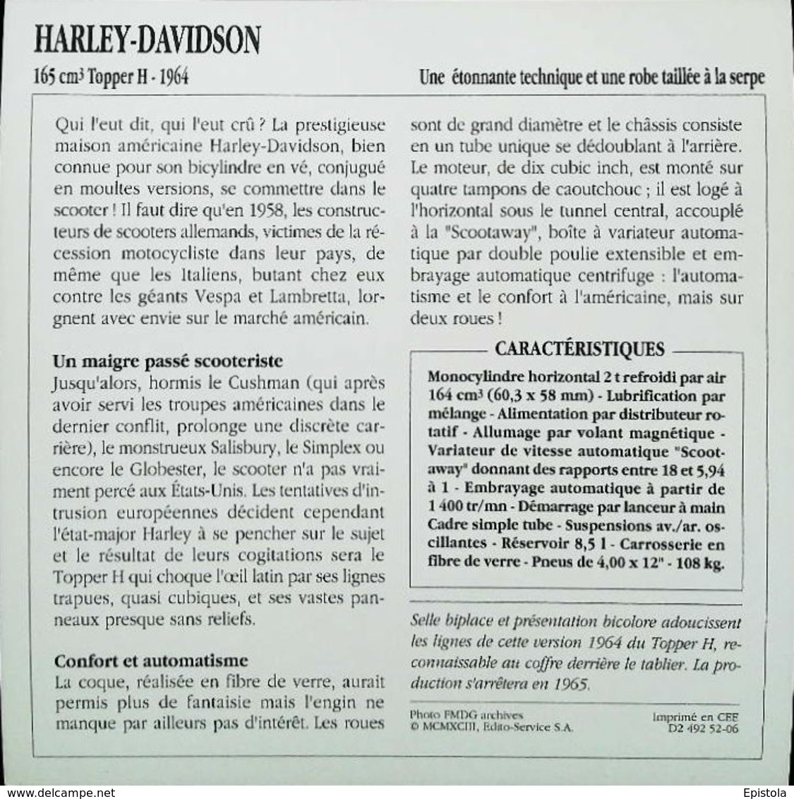 "Motorcycle HARLEY-DAVIDSON Scooter 165cc Topper H 1964" Moto Américaine - Collection Fiche Technique Edito-Service S.A. - Collections
