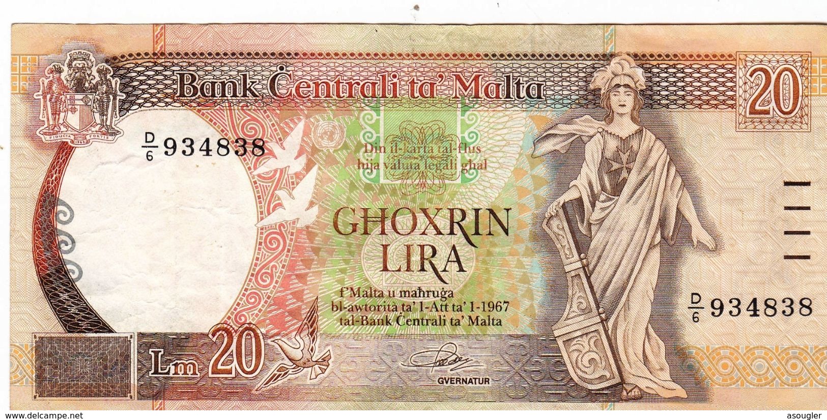 MALTA 20 LIRA 1967 (1989) VF P-44a "free Shipping Via Registered Air Mail" - Malta