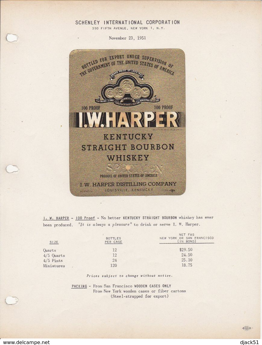 Superbe Et Rare Etiquette / The House Of Schenley N.Y.  1951 / I.W. HARPER 100 Proof No Better KENTUCKY STRAIGHT BOURBON - USA