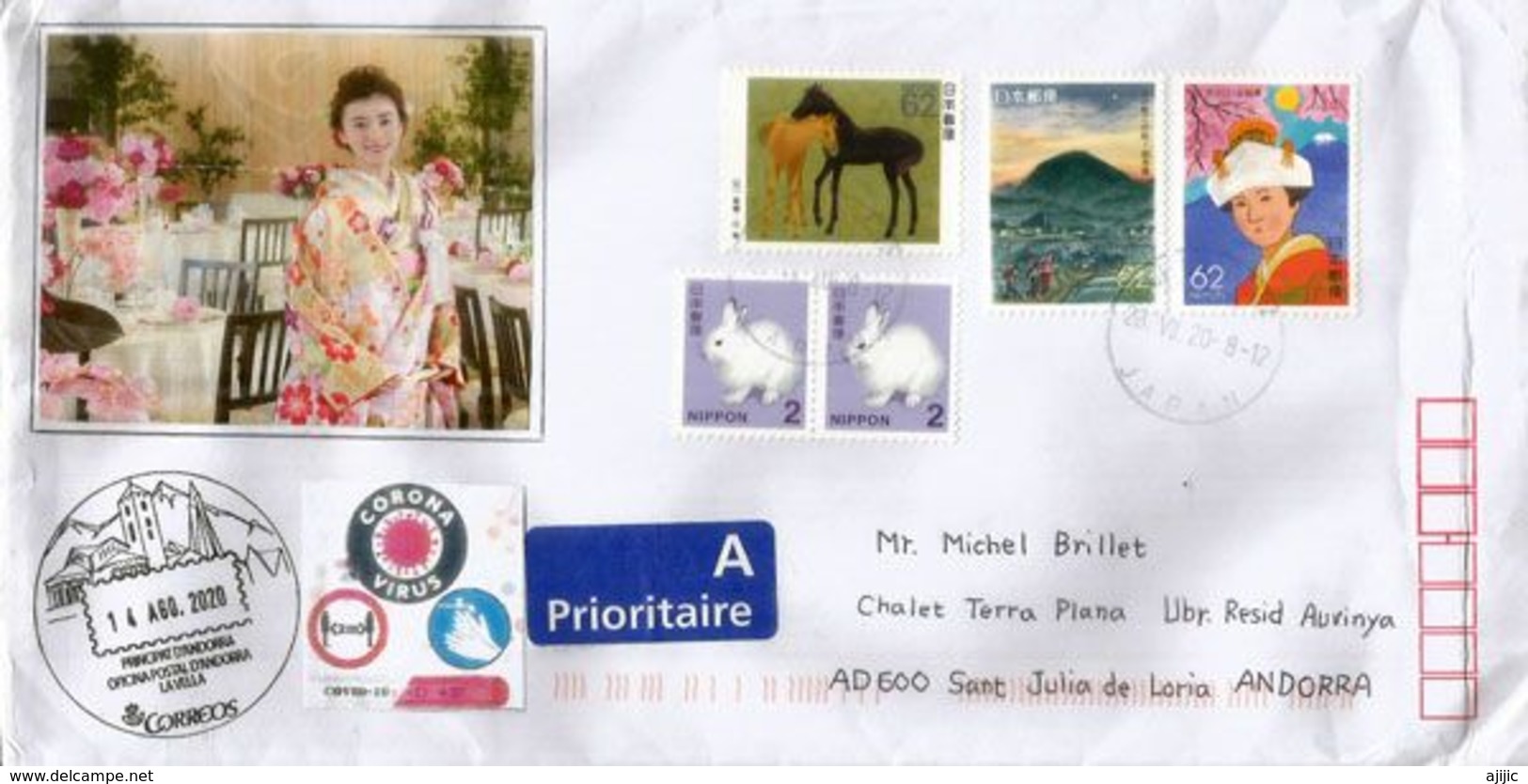 Letter 2020 From TOKYO Sent Andorra, During Lockdown COVID19, CORONAVIRUS W/ Local Prevention Sticker + Arrival Postmark - Briefe U. Dokumente