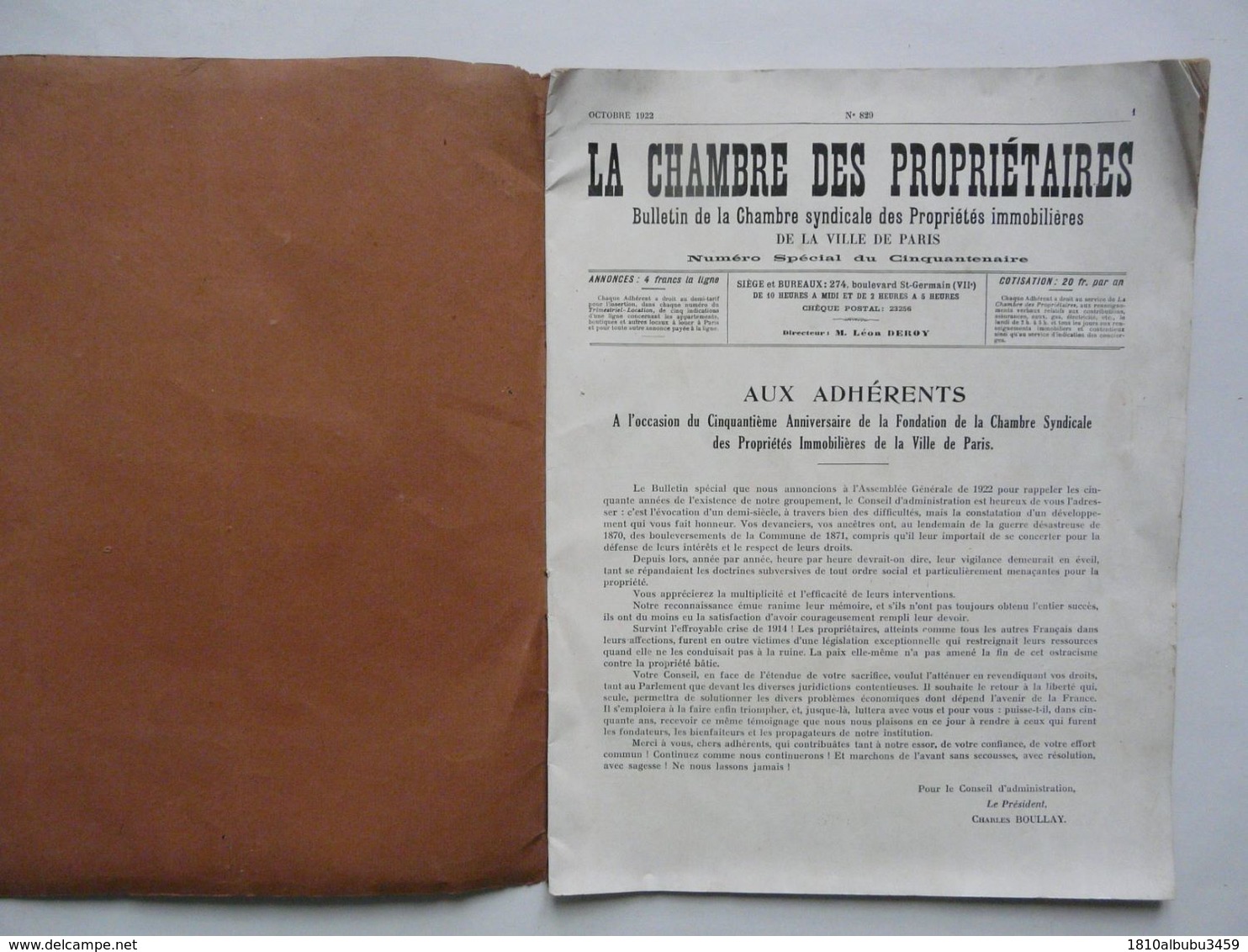 BULLETIN DE LA CHAMBRE SYNDICALE DES PROPRIETES IMMOBILIERES DE LA VILLE DE PARIS - N° Spécial Du Cinquantenaire 1922 - Boekhouding & Beheer