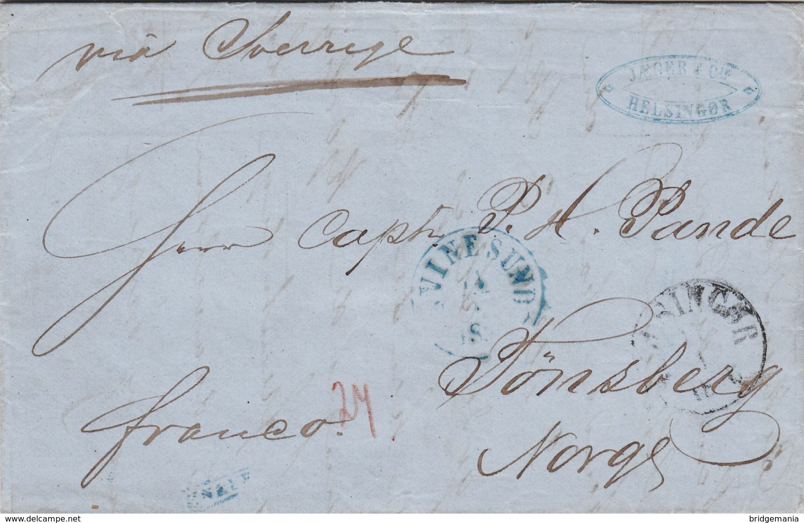 AC078 - 1855 DENMARK Rare Old Letter To Norway Via Sweden From HELSINBORG To TONSBERG Via SVINESUND - Covers & Documents