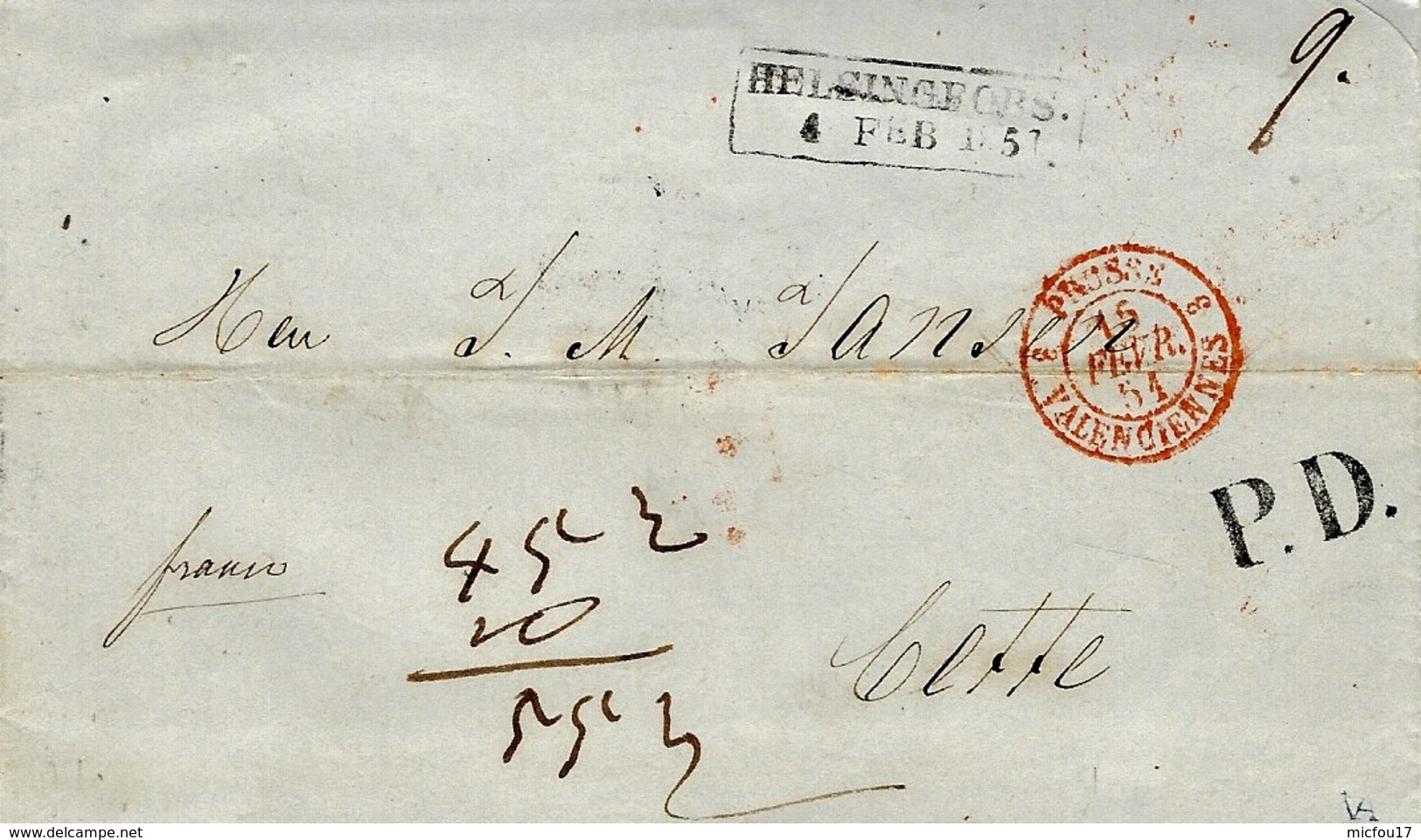 1851- Letter From HELSINGFORS / 4 FEB 1851 Framed  To Cette ( South Of France ) + " Franco " + P D - ...-1845 Voorfilatelie