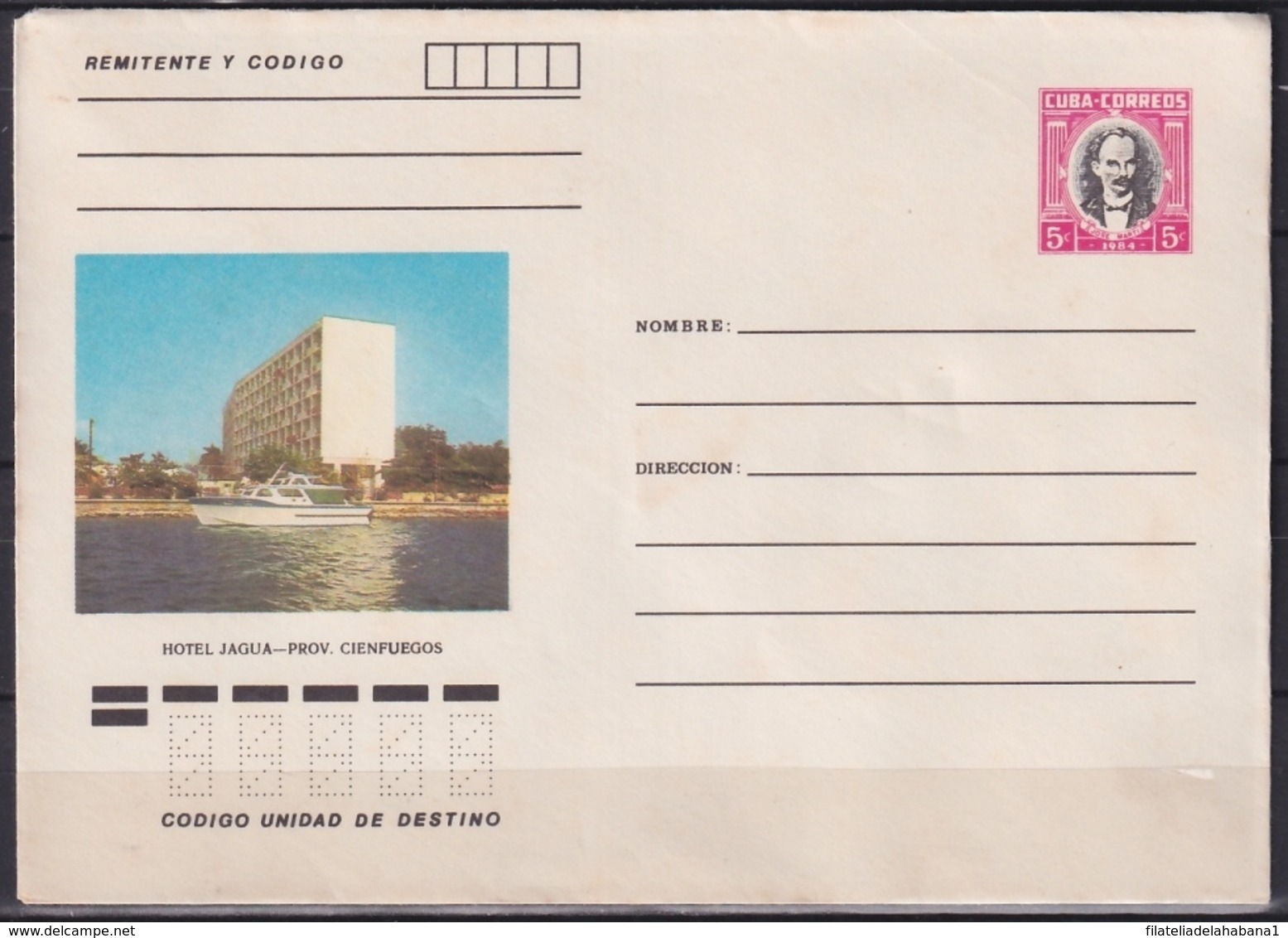 1984-EP-127 CUBA 1984 3c POSTAL STATIONERY COVER. CIENFUEGOS. HOTEL JAGUA. - Brieven En Documenten