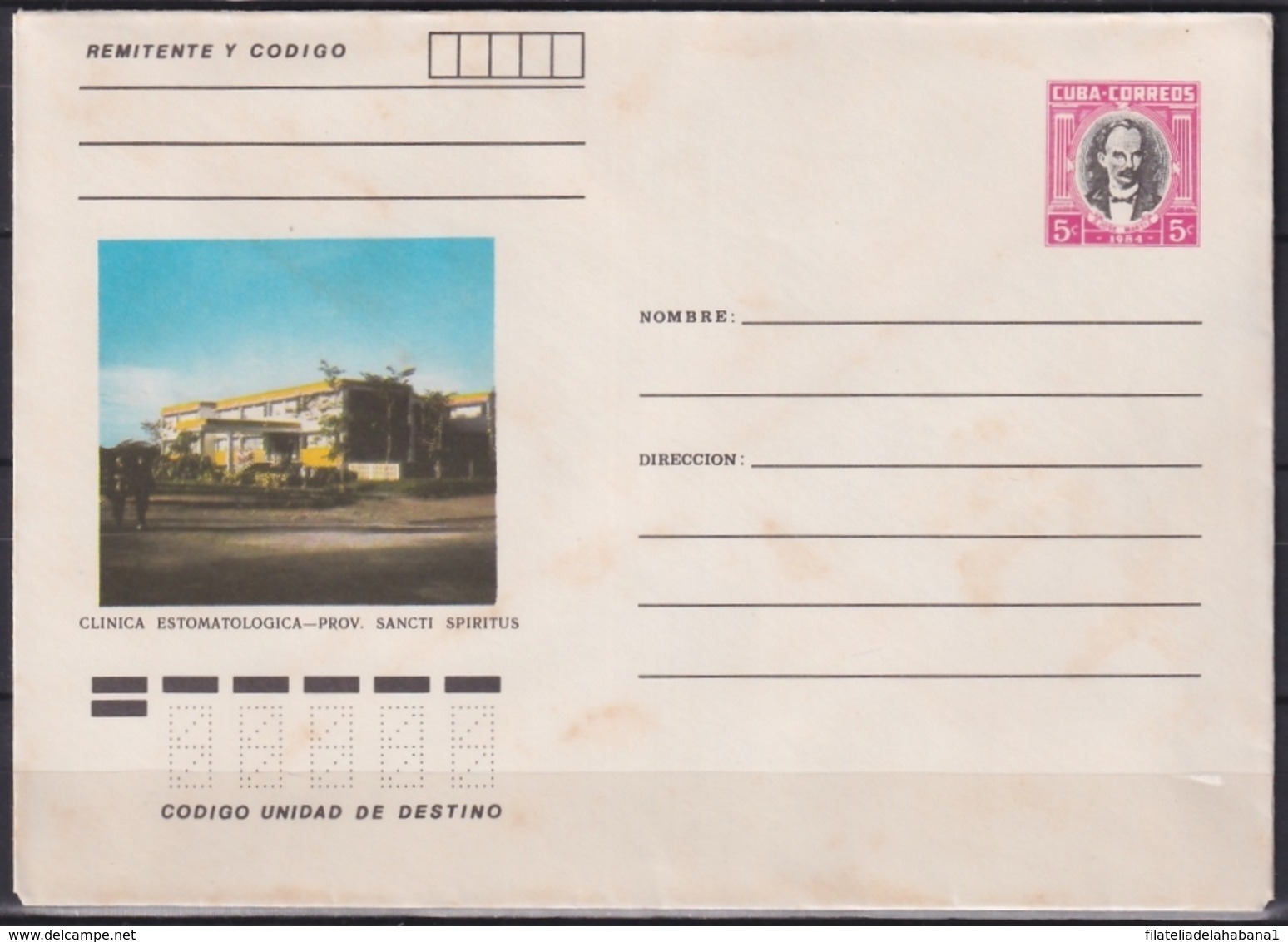 1984-EP-133 CUBA 1984 5c POSTAL STATIONERY COVER. SANCTI SPIRITUS, CLINICA ESTOMATOLOGICA. MANCHAS. - Briefe U. Dokumente