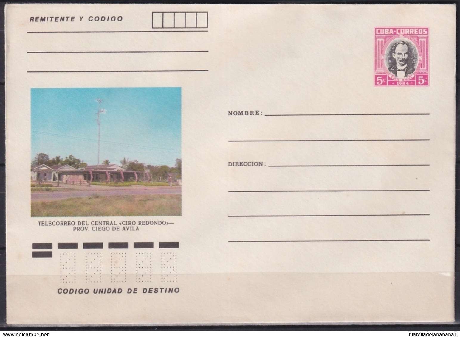 1984-EP-135 CUBA 1984 5c POSTAL STATIONERY COVER. CIEGO DE AVILA, TELECORREO CENTRAL SUGAR MILLS CIRO REDONDO. - Brieven En Documenten