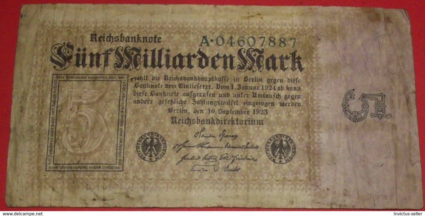 1923  GERMANIA REPUBBLICA DI WEIMAR BANCONOTE TEDESCA 5 MILLIARDEN MARK GERMANY BANKNOT BILLET DE BANQUE ALLEMAND - 5 Miljard Mark