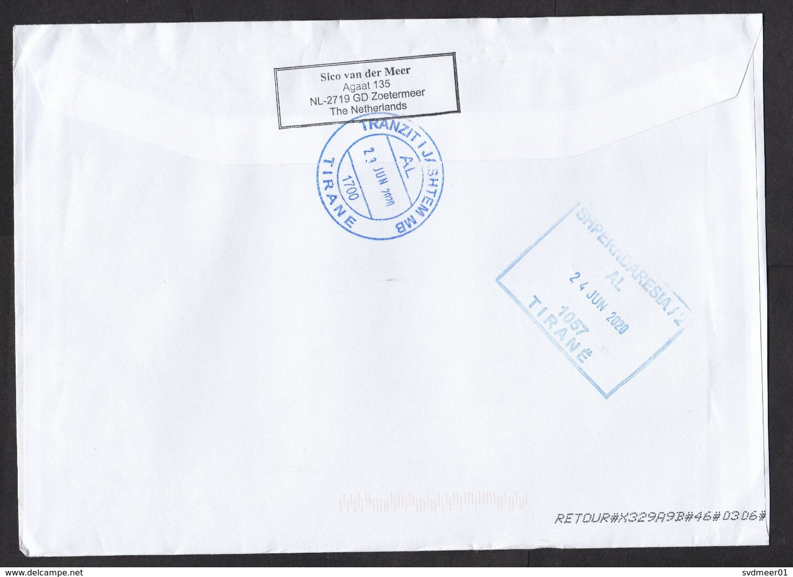 Netherlands: Cover To Albania, 2020, 1 Stamp + Tab, Atlas, Map, Returned, Retour Cancel, Cancels At Back (minor Crease) - Lettres & Documents