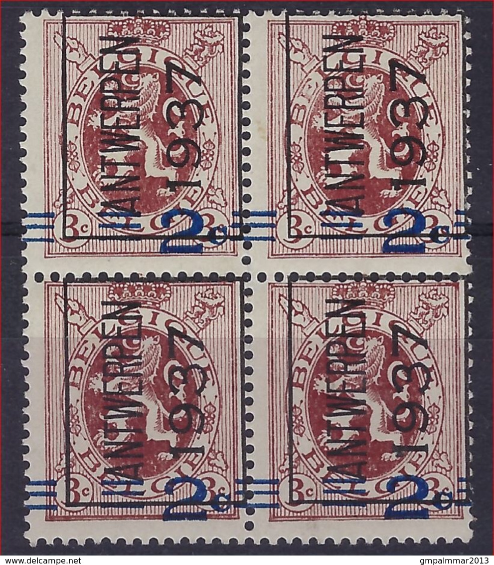 Belgie 1937 - Verschoven Opdruk - 2c Op 3c - ** MNH Blok Van 4 ANTWERPEN 1937 - V317A PREO 317 ; Staat Zie Scan ! - Sobreimpresos 1929-37 (Leon Heraldico)