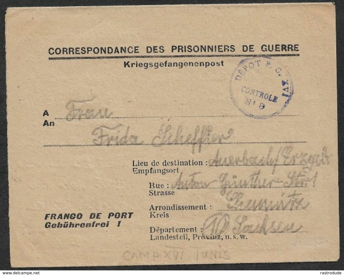 1946 KGF - PRISONNIERS DE GUERRE - KRIEGSGEFANGENE - TUNISIE CAMP XVI SOUSSE A CHEMNITZ - CENSURE DU CAMP - Briefe U. Dokumente