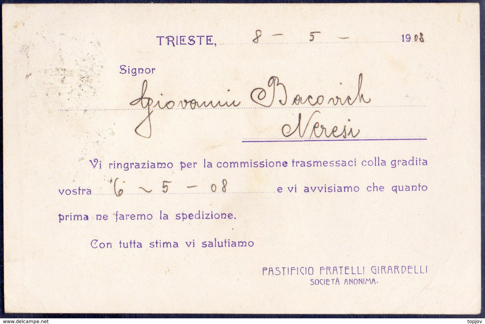 AUSTRIA - ITALIA - Perfins "F.G." VERTIKALE  Pastificio FRATELLI  GIRARDELLI  TRIESTE - 1908 - Perfins