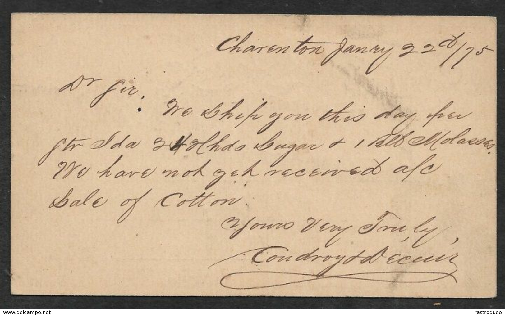 1875 U.S POSTAL STATIONERY CARD UX1 1C  CHARENTON,( LOUISIANA ) To NEW ORLEANS - Manuscript Date Of The Date Stamp . RR - ...-1900