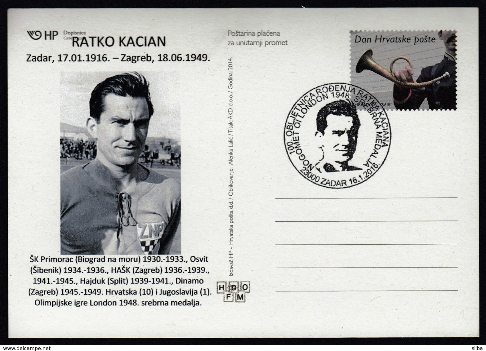 Croatia Zagreb 2016 / Olympic Games London 1948 / 1000 Years Of Birth Ratko Kacian / Cro Football Legend / Silver Medal - Zomer 1948: Londen