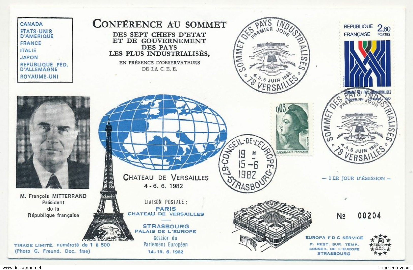 FRANCE => 2 Env. Obl "Sommet Des Pays Industrialisés - VERSAILLES - 4/6/1982" => Conseil De L'Europe - Illust Mitterrand - Briefe U. Dokumente