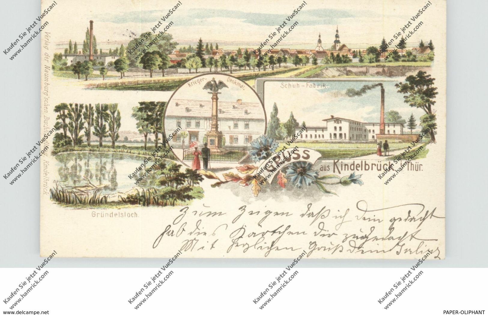 0-5239 KINDELBRÜCK, Lithographie, Schuhfabrik, Kriegerdenkmal, Gründelsloch, Gesamtansicht - Soemmerda