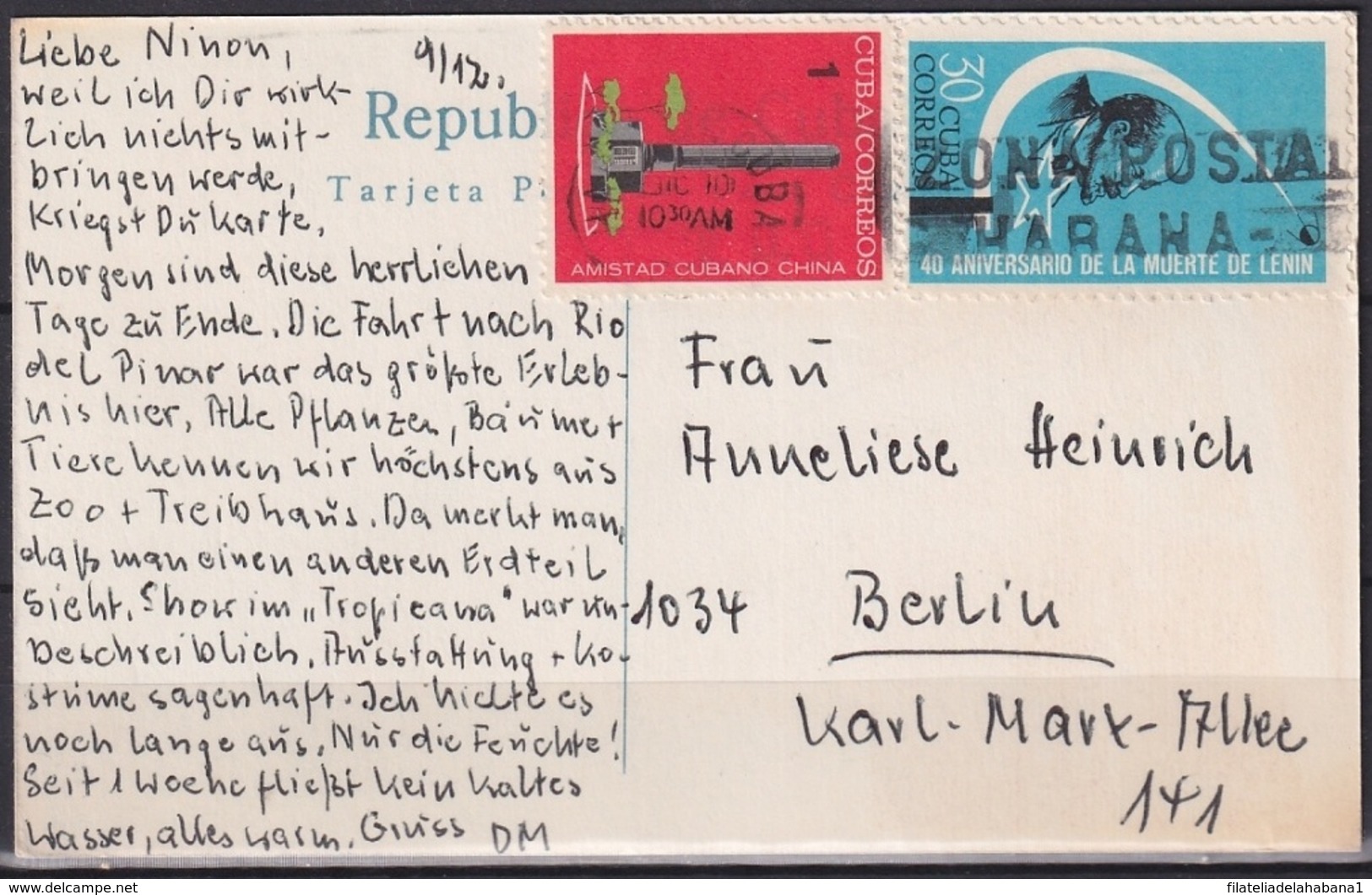 1964-H-22 CUBA 1964 POSTCARD CHINA REVOLUCION TO GERMANY CANCEL ZONA POSTAL HABANA. - Covers & Documents