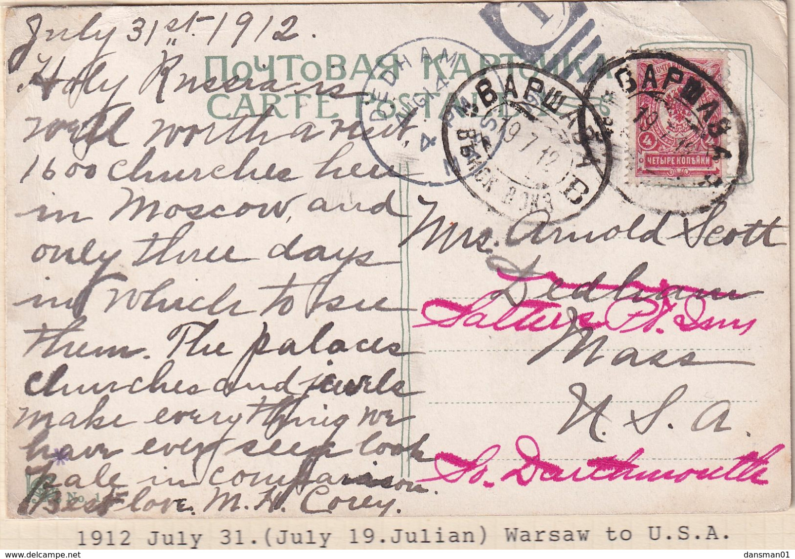 Poland Prephilatelic 1912 Postcard Warsaw To USA - ...-1860 Vorphilatelie