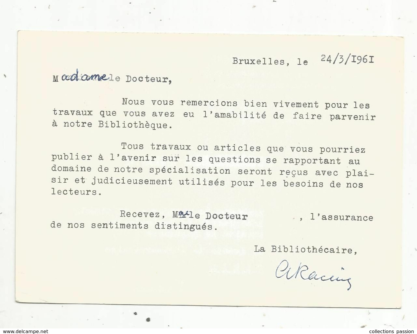 JC , EMA , BELGIQUE , Carte Postale , BRUXELLES-BRUSSEL , 23 ,1961 ,bibliothéque Des Tumeurs - Autres & Non Classés