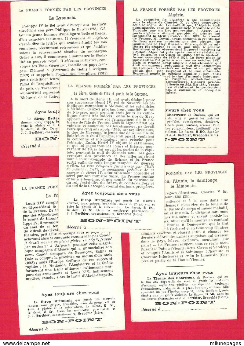 Lot 5 Chromos Bon-points Offerts Pharmacie Berthier à Grenoble Thème De La France Formée Par Les Provinces - Other & Unclassified