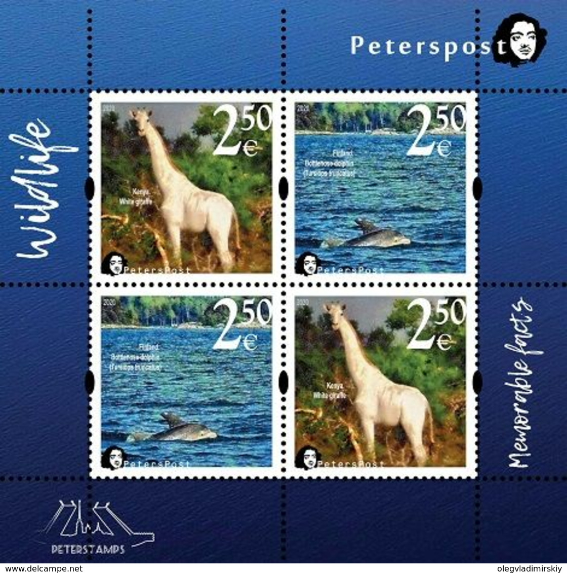 Finland. Peterspost. Fauna. Wild Life. "Memorable Facts", White Giraffe And Bottlenose Dolphin, 2020, Block - Ongebruikt