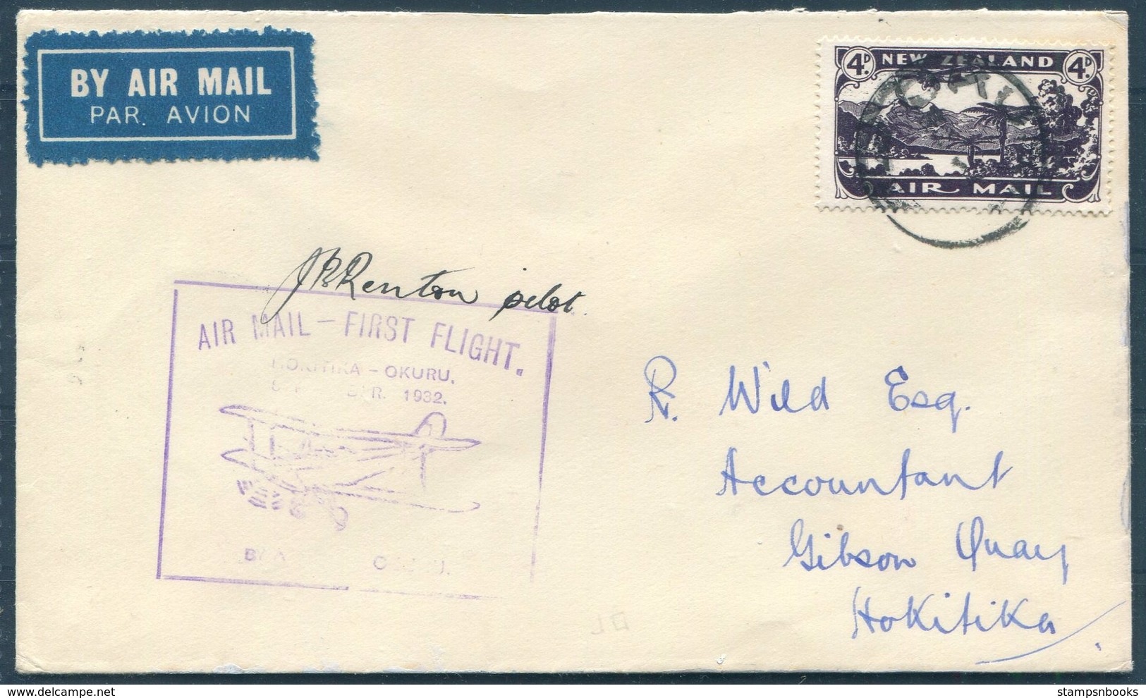 1932 New Zealand Pilot Signed First Flight Cover Okuru -Hokitika. - Poste Aérienne