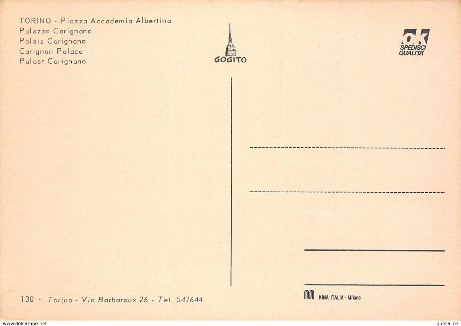 01870 "TORINO - PIAZZA ACCADEMIA ALBERTINA - PALAZZO CARIGNANO"  ANIMATA, AUTO. CART  NON SPED - Palazzo Carignano