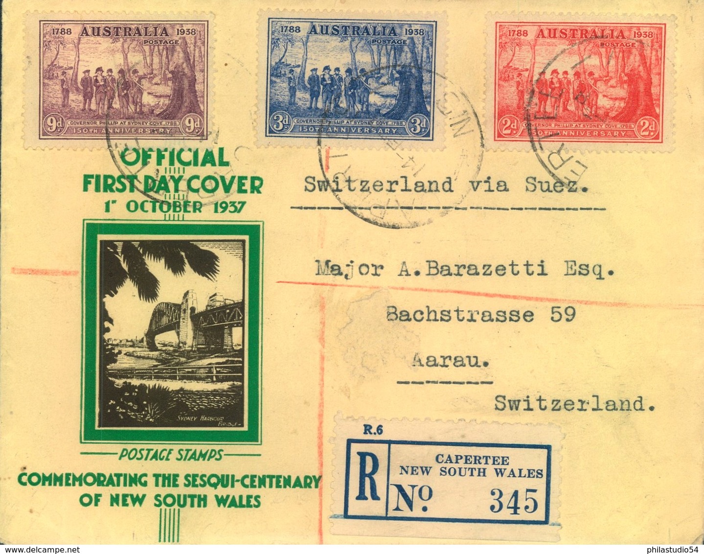 1938,  150 Th Anniversary Sydneycov On Registered Letter From "CAPERTEE NSW" To Switzerland - Covers & Documents