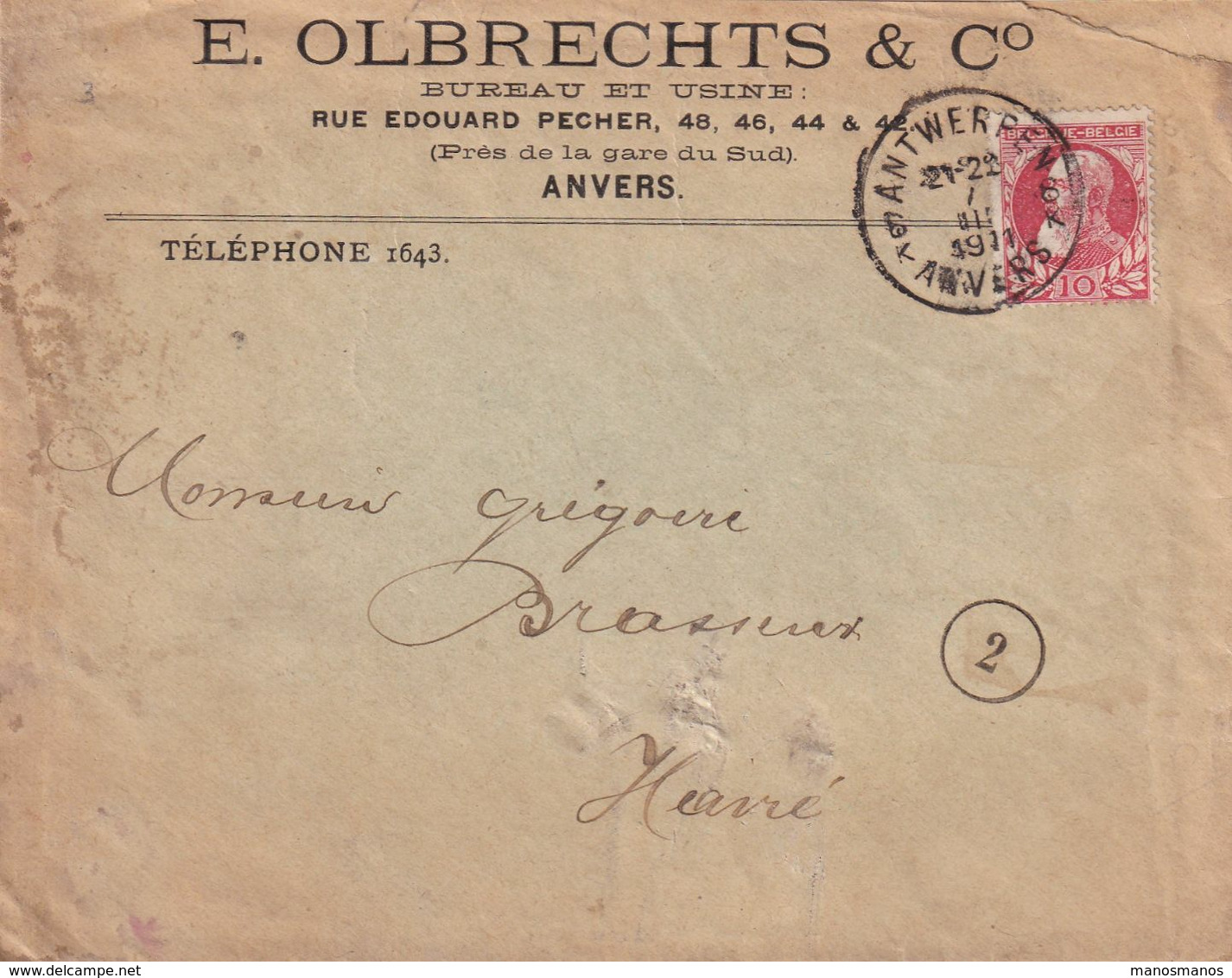 DDX 733 - BRASSERIE Belgique - Vers Brasseur Grégoire à HAVRE Sur Enveloppe TP Grosse Barbe ANTWERPEN 1911 - Biere