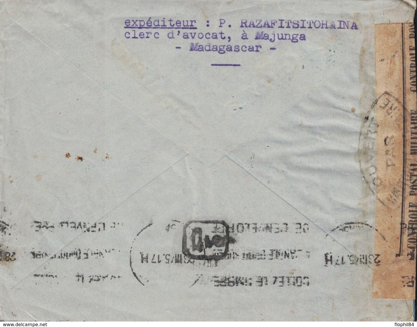 MADAGASCAR - MAJUNGA - GRIFFE POSTE AERIENNE MAJUNG TAXE PERCU 10F50 - LETTRE CENSURE POUR LA FRANCE AVEC PUCE CENSEUR - Autres & Non Classés