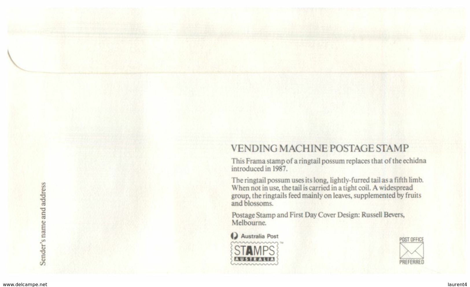 (O 7) Australia (5 Covers) Vending Machine Postage Stamp 1988 (value 0.15 To 0,19 Cents) Possum - Otros & Sin Clasificación