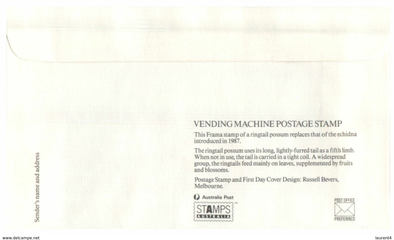 (O 7) Australia (5 Covers) Vending Machine Postage Stamp 1988 (value 0.20 To 0,24 Cents) Possum - Sonstige & Ohne Zuordnung