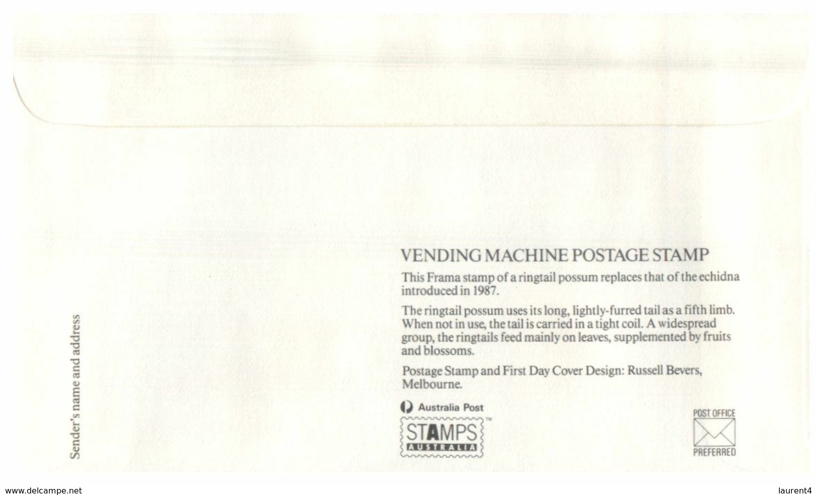 (O 7) Australia (5 Covers) Vending Machine Postage Stamp 1988 (value 0.25 To 0,29 Cents) Possum - Otros & Sin Clasificación