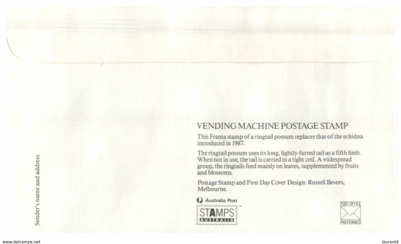 (O 7) Australia (5 Covers) Vending Machine Postage Stamp 1988 (value 0.35 To 0,39 Cents) Possum - Otros & Sin Clasificación