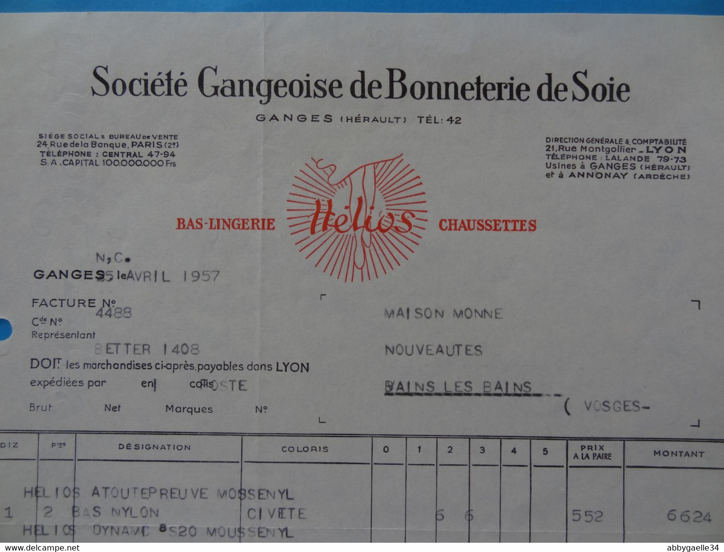 GANGES (Hérault) Société Gangeoise De Bonneterie De Soie HELIOS Bas Lingerie Chaussettes - Kleidung & Textil