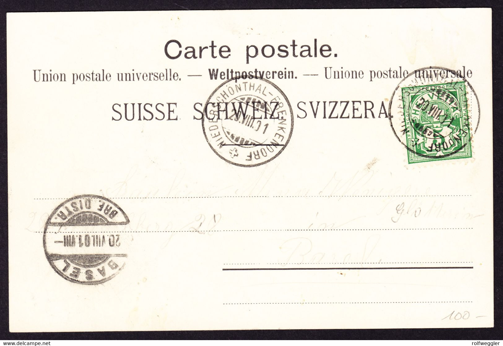 1901 Gelaufene AK, Gruss Aus Frenkendorf, Restauration Zum Rebstock. Stempel Niederschönthal-Frenkendorf. - Frenkendorf