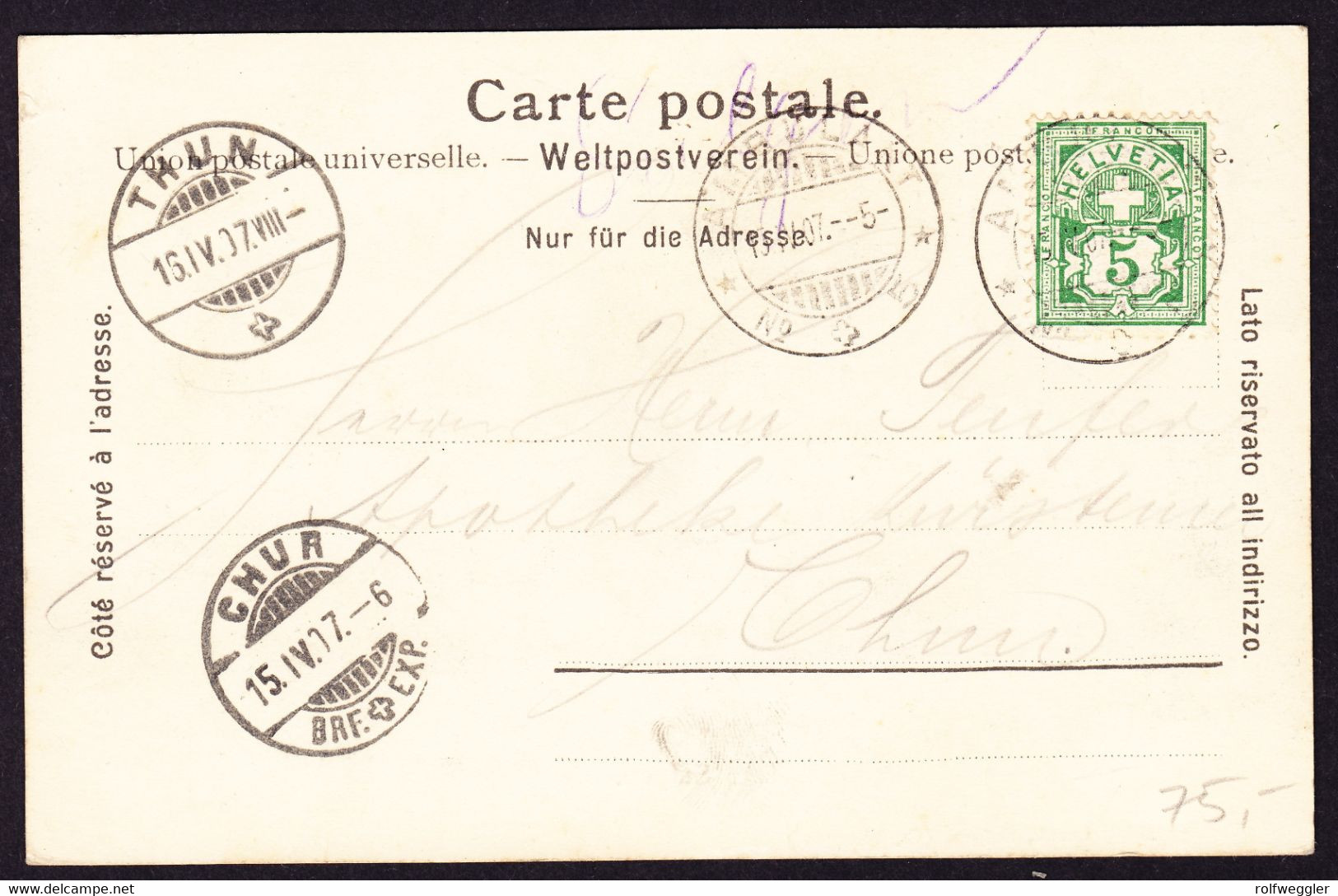 1907 Gelaufene AK Mit Bahnstempel Aus Sulgen Nach Thun. 2 Bildrig. - Sulgen