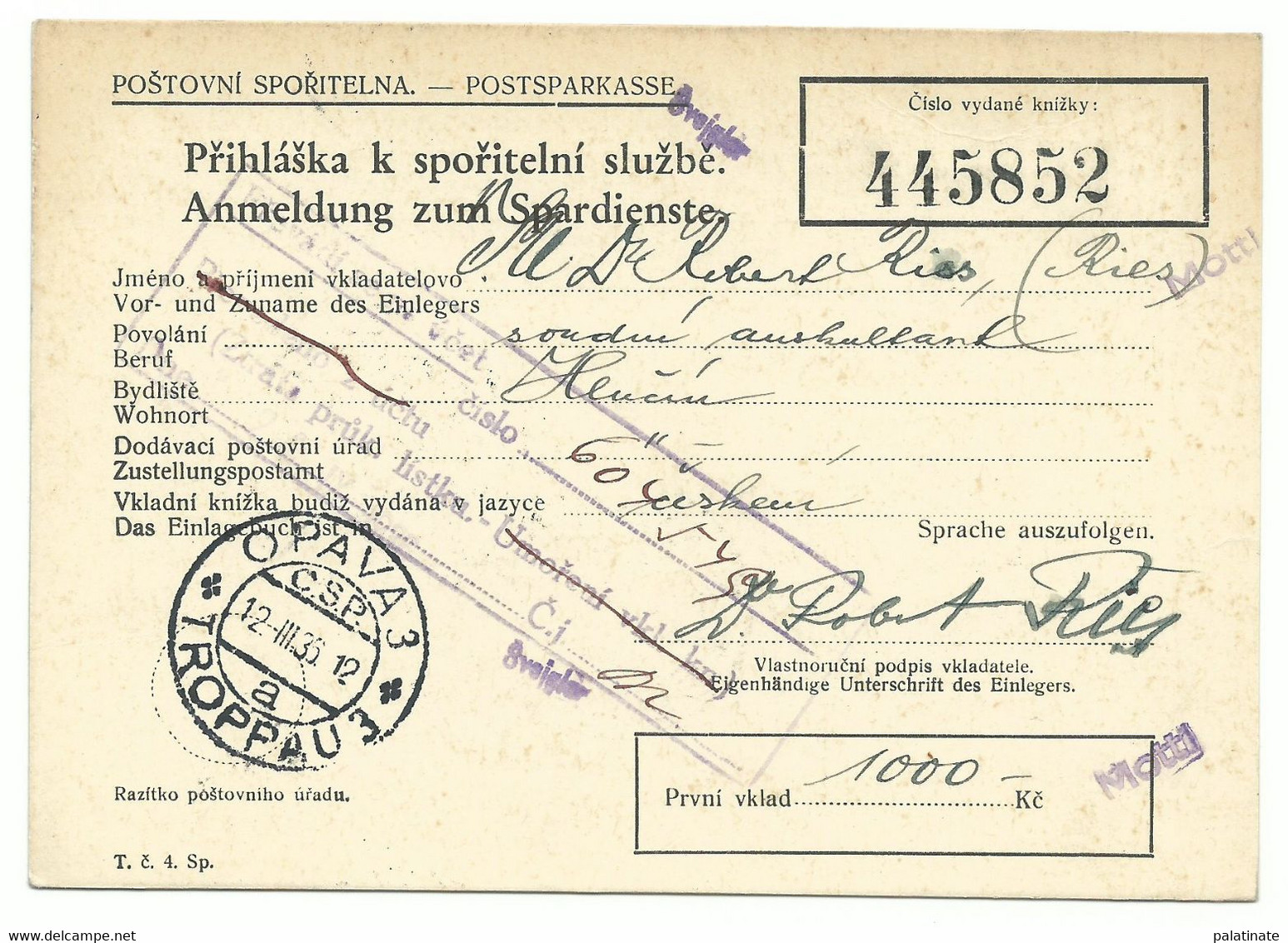 Troppau Opava "Anmeldung Zum Spardienste" Zweisprachig Deutsch/tschechisch 1935 R! - Other & Unclassified