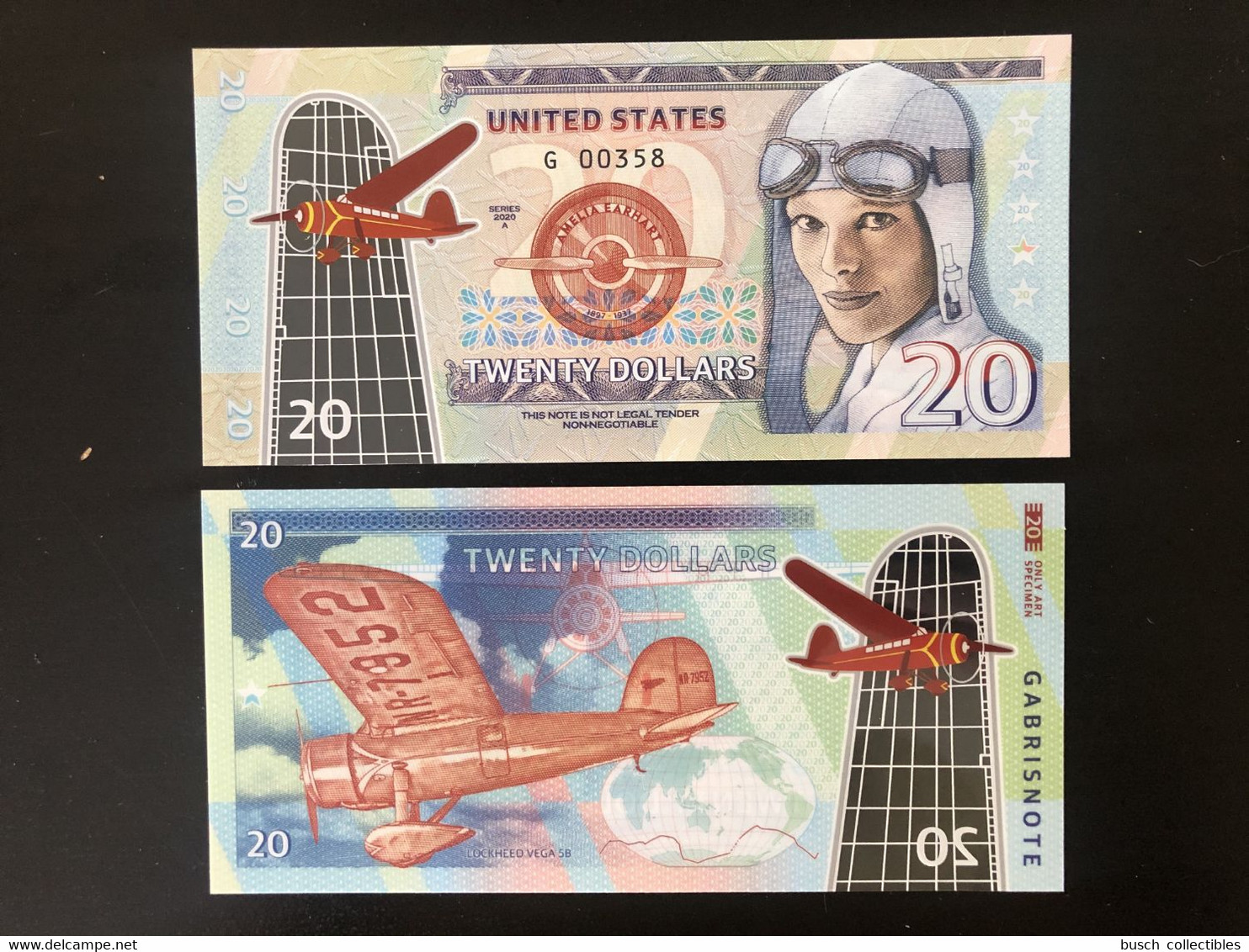 2020 Matej Gabris 20 Dollars Polymer United Stades Lockheed Vega Amelia Earhart Airplane SERIE G UNC SPECIMEN ESSAY - Specimen