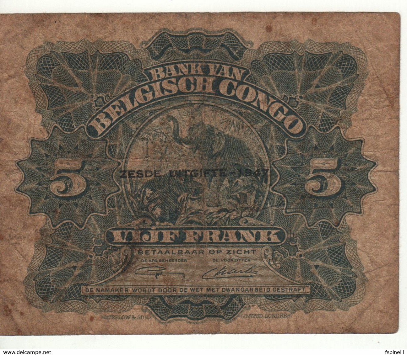 BELGIAN CONGO   5 Francs  P13Ad   1947   ( Allegorical Woman, Beehive -  Elephant, Hippo On Back ) - Bank Belg. Kongo