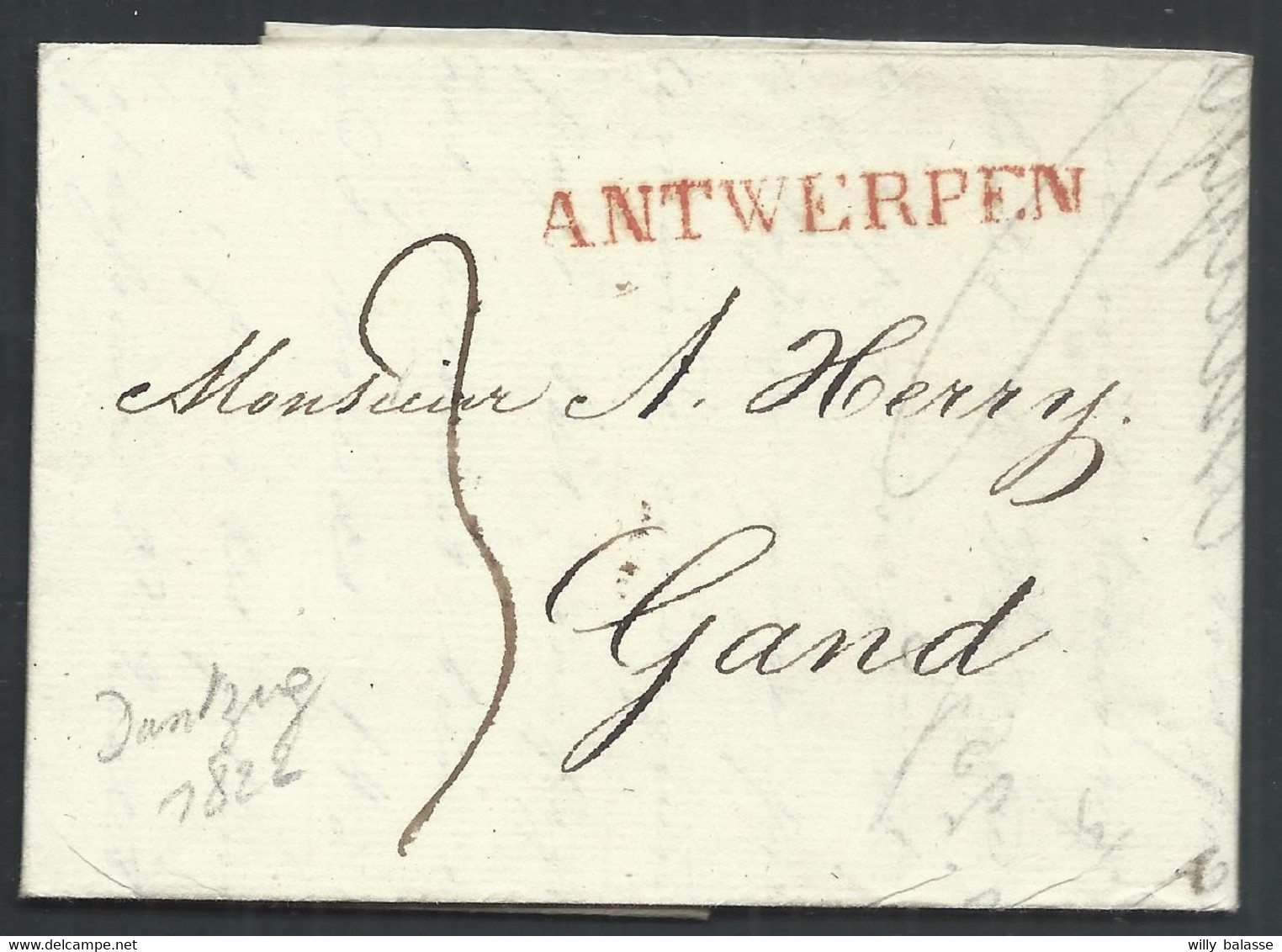 L Datée De Dantzid 1822 Marque ANTWERPEN + "3" Pour Gand. - 1815-1830 (Dutch Period)