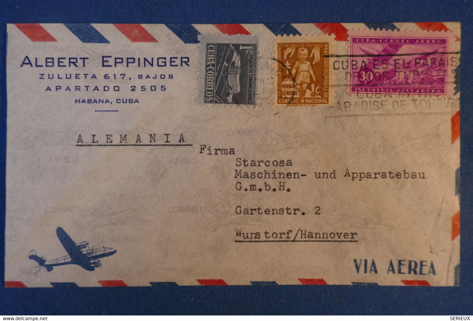 535 CUBA LETTRE 1957 PAR AVION POUR ALLEMAGNE WUNSTORF + CACHETS INTERESSANTS - Lettres & Documents