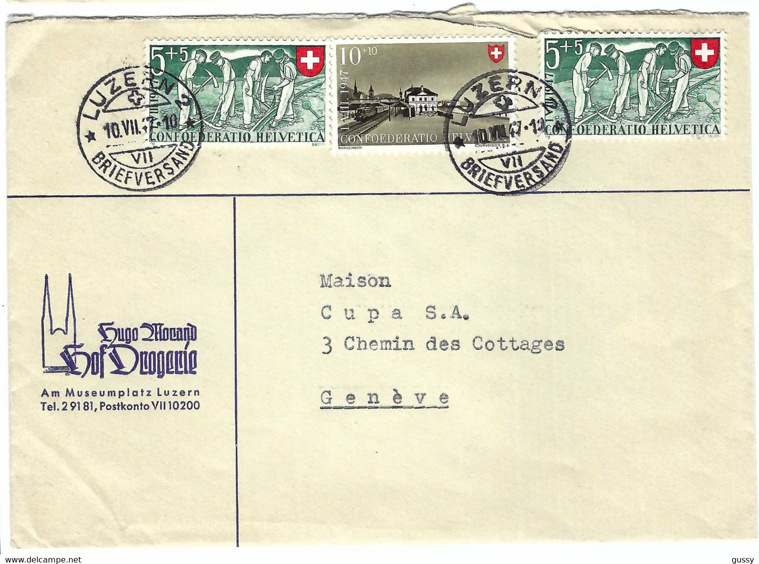 SUISSE Pro Patria 1947: LSC De Lucerne Pour Genève Avec Les ZNr. B34 (2x) Et B35 (1x), Obl. CAD - Andere & Zonder Classificatie