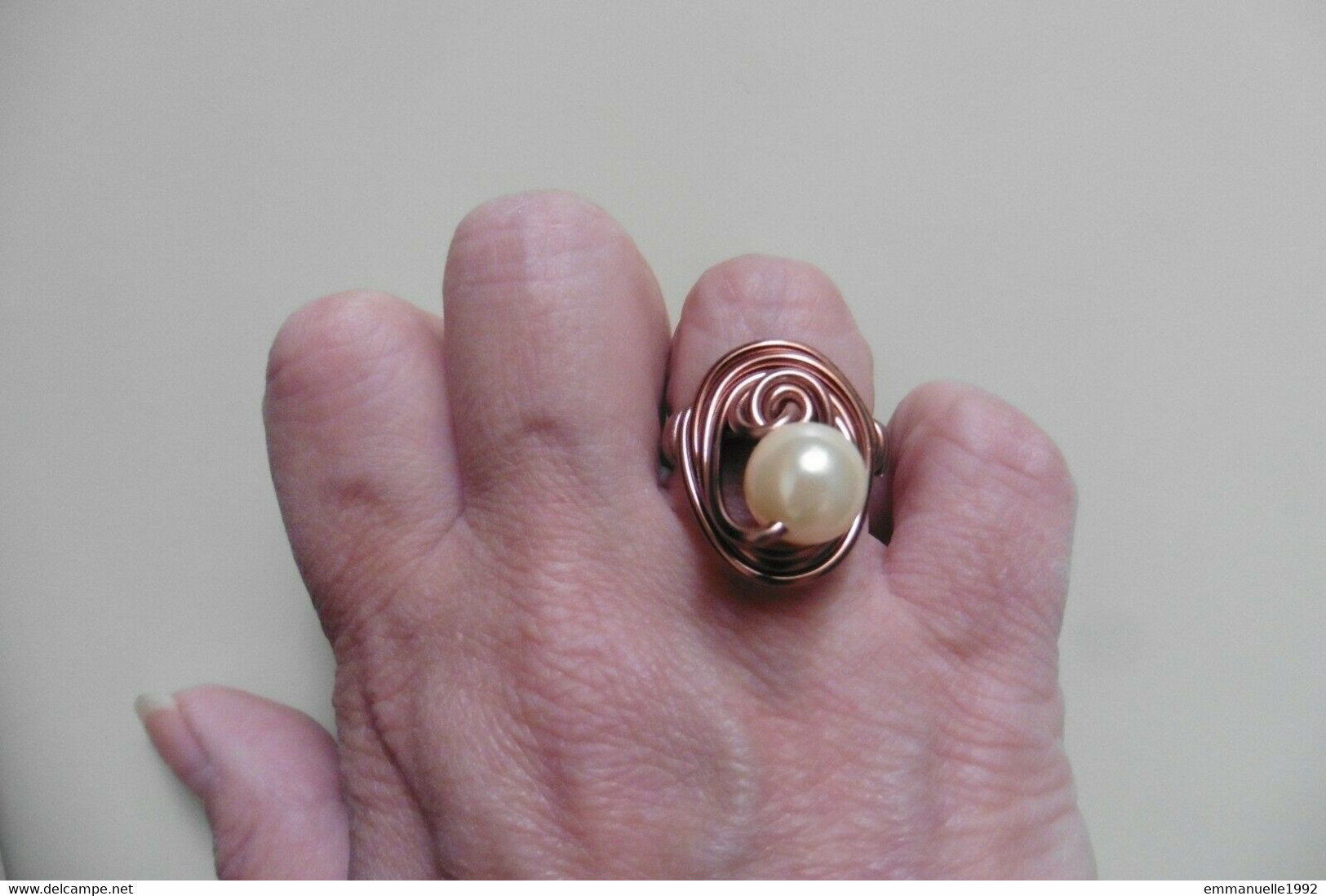 Bague Créateur Fil Cuivré Avec Perle Fine Blanche Nacrée Fantaisie - Taille 54 - Fait Main - Ring