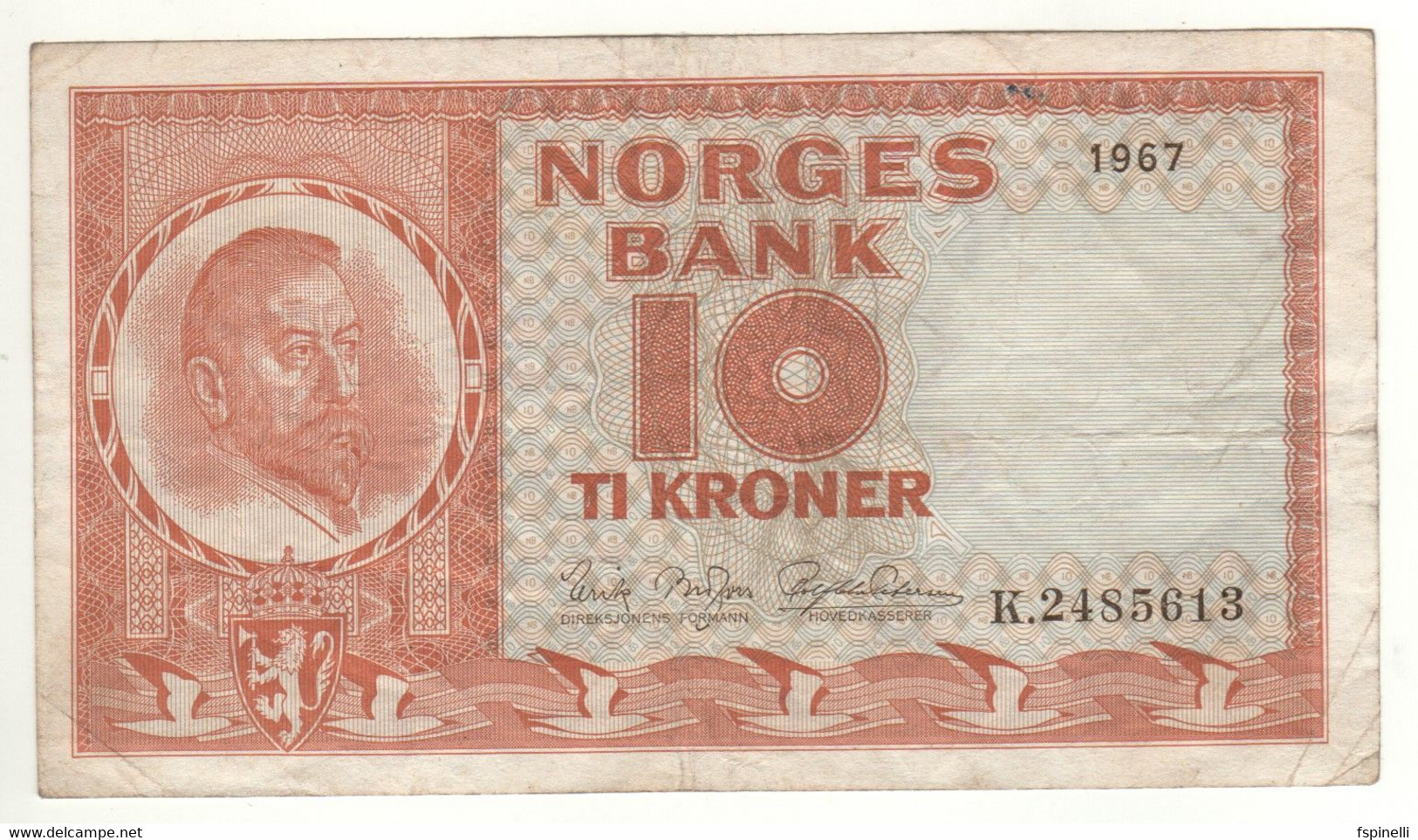 NORWAY  10 Krone   P31d   Dated 1967   ( Christian Michelsen On Front - Mercury, Ships On Back ) - Norway