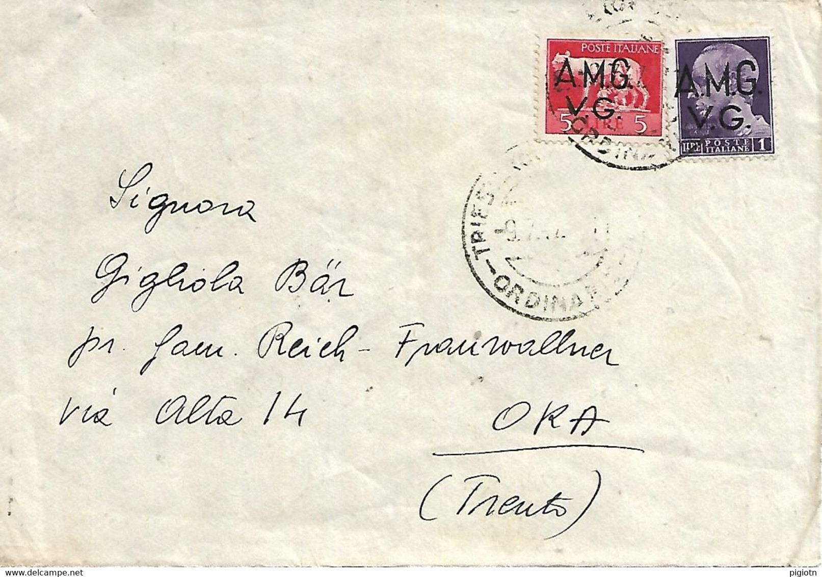 TS010 - AMG-VG 5 L + 1 L IMPERIALE SU LETTERA DA TRIESTE A ORA - 19.7.1947 - Storia Postale