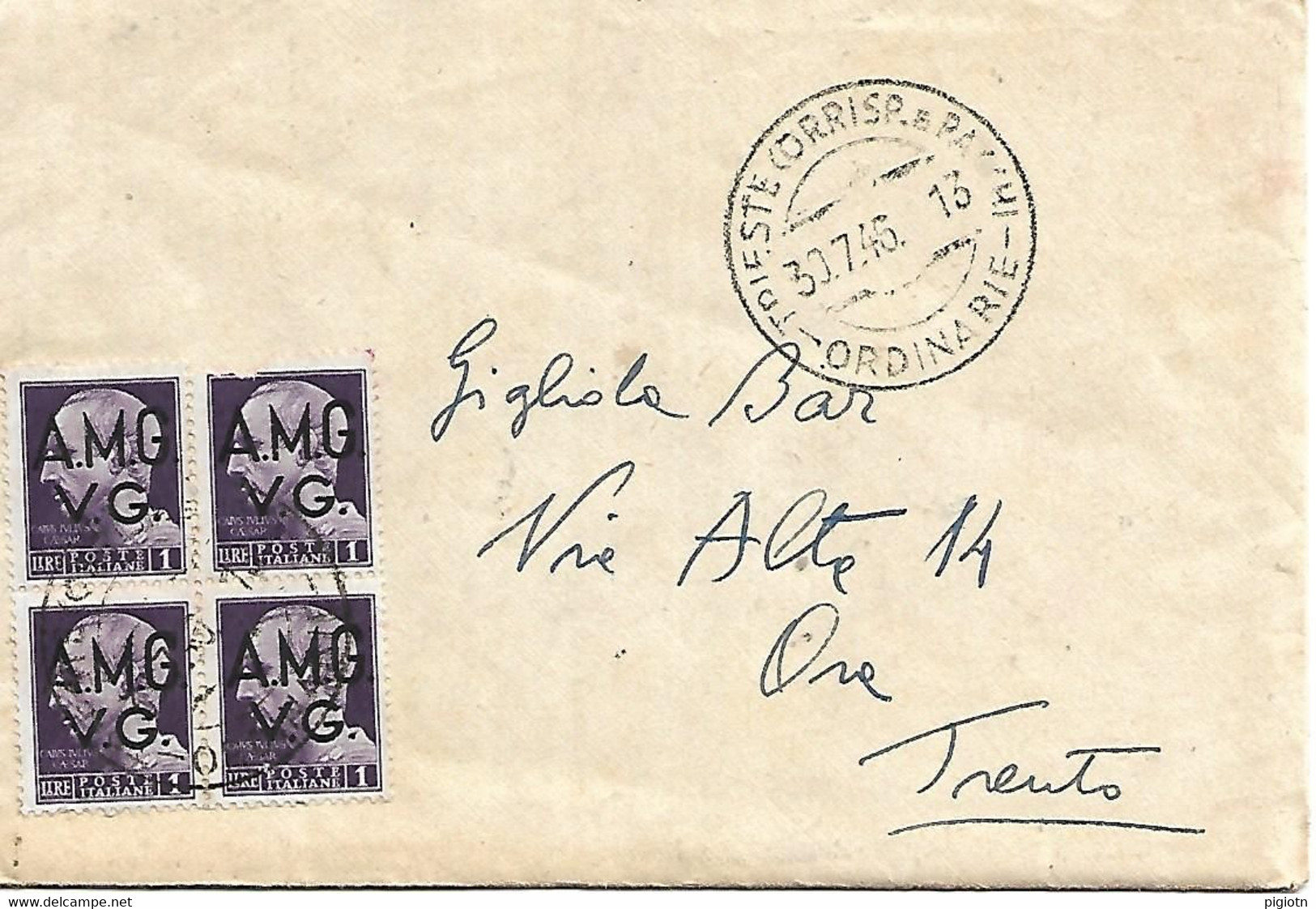 TS011 - AMG-VG BLOCCO 4X1 L IMPERIALE (UN VALORE DIFETTOSO) SU LETTERA DA TRIESTE A ORA - 30.7.1946 - Poststempel